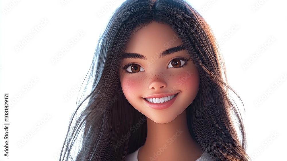 Beautiful young woman with long dark hair and a radiant smile against a plain white background Beautiful young woman with long dark hair and a radiant smile against a plain white background