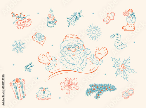 Christmas and New Year Vector Set. Happy Santa Claus and Christmas Decorations, Gifts, Treats. Hand Drawn Outline Elements Design.