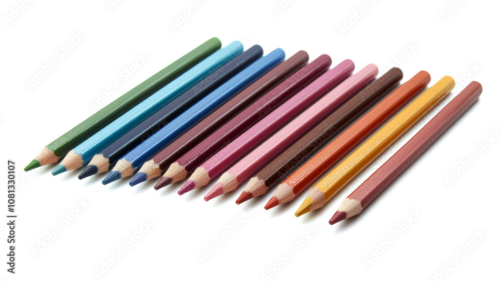 A row of 12 colorful pencils, arranged in a diagonal line, against a white background.