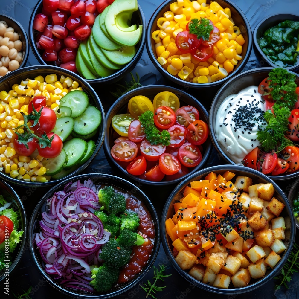 A variety of colorful bowls filled with different types of vegetables and fruits A variety of colorful bowls filled with different types of vegetables and fruits
