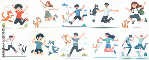 vector set teenagers are happy jumping with their dogs with a simple and minimalist flat design style. plain white background