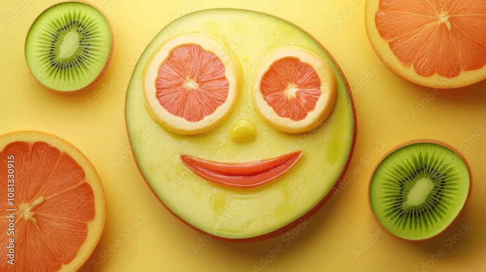 Fresh fruit facial mask with slices of avocado grapefruit and kiwi perfect for homemade organic skincare and enhancing beauty Fresh fruit facial mask with slices of avocado grapefruit and kiwi perfect for homemade organic skincare and enhancing beauty