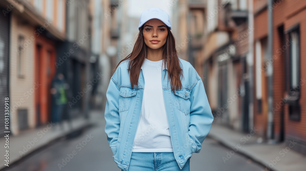 young woman stands confidently in stylish light blue outfit, featuring denim jacket and cap, in narrow urban street. Her expression is calm and self assured, embodying modern fashion. young woman stands confidently in stylish light blue outfit, featuring denim jacket and cap, in narrow urban street. Her expression is calm and self assured, embodying modern fashion.