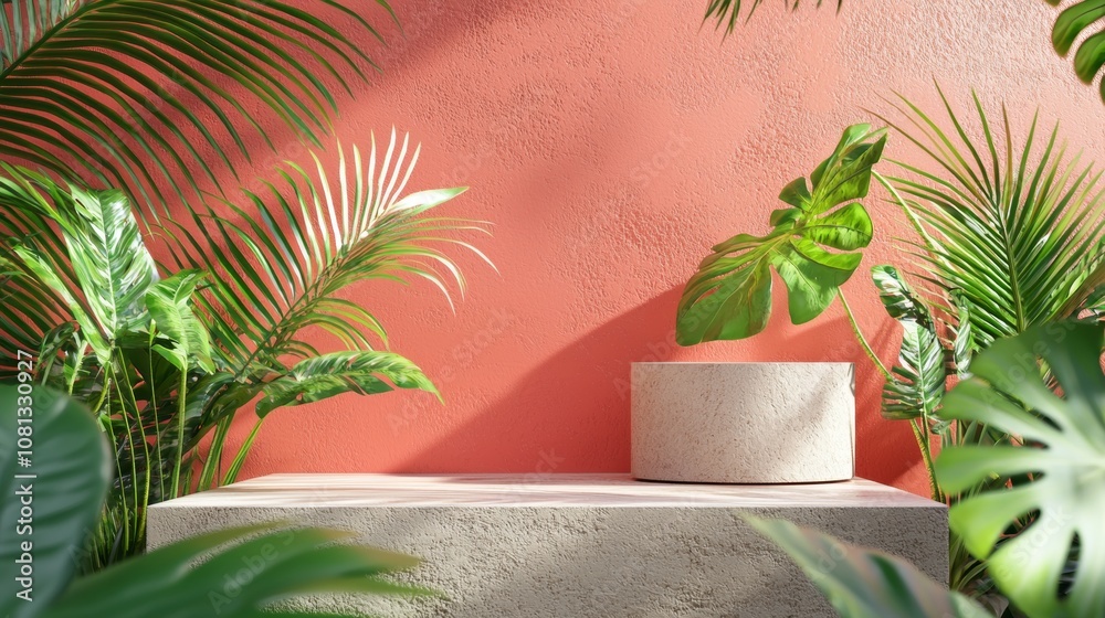 Obraz premium Tropical plants against coral wall with sunlight