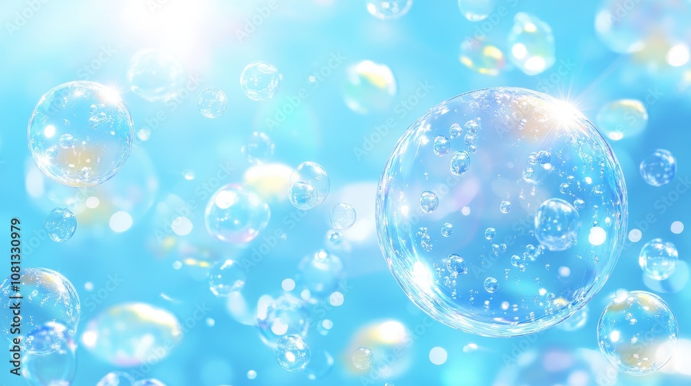Blue background with floating bubbles. Ideal for designs requiring a clean, ethereal and dreamy feel.