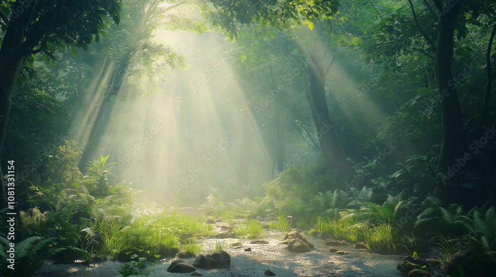 Sunlight streams through a lush, green forest with a small, clear stream Sunlight streams through a lush, green forest with a small, clear stream