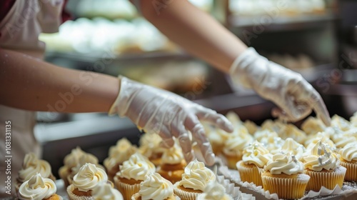 Cakes in the background while blurred hands carefully frost the foreground.