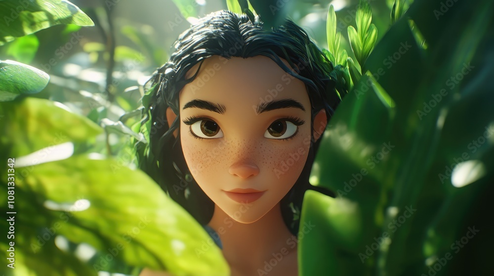 Charming portrait of a woman surrounded by lush green tropical foliage capturing the essence of a vibrant paradise Charming portrait of a woman surrounded by lush green tropical foliage capturing the essence of a vibrant paradise