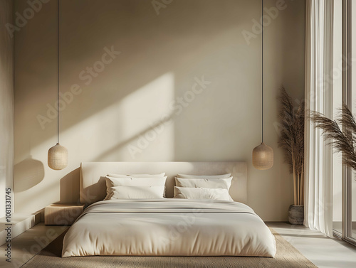 warm minimalist bedroom with a large bed and hanging pendant lights The wall is painted in neutral tones and pendant lamps are in neutral tones A large window on the righ photo