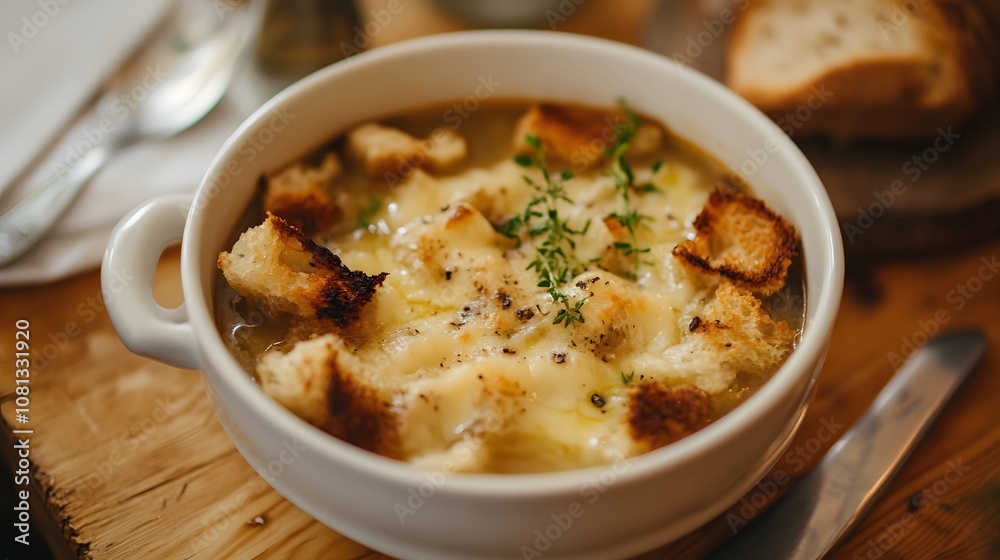 Onion soup with cheese croutons Onion soup with cheese croutons