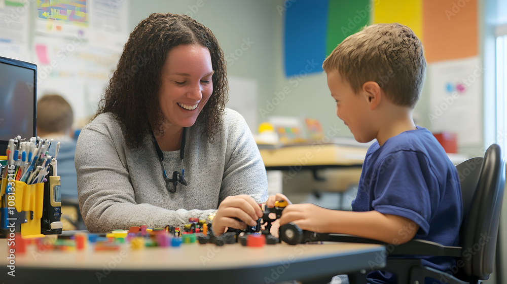 Educator assisting student with adaptive tools, personalized learning environment. high quality Educator assisting student with adaptive tools, personalized learning environment. high quality