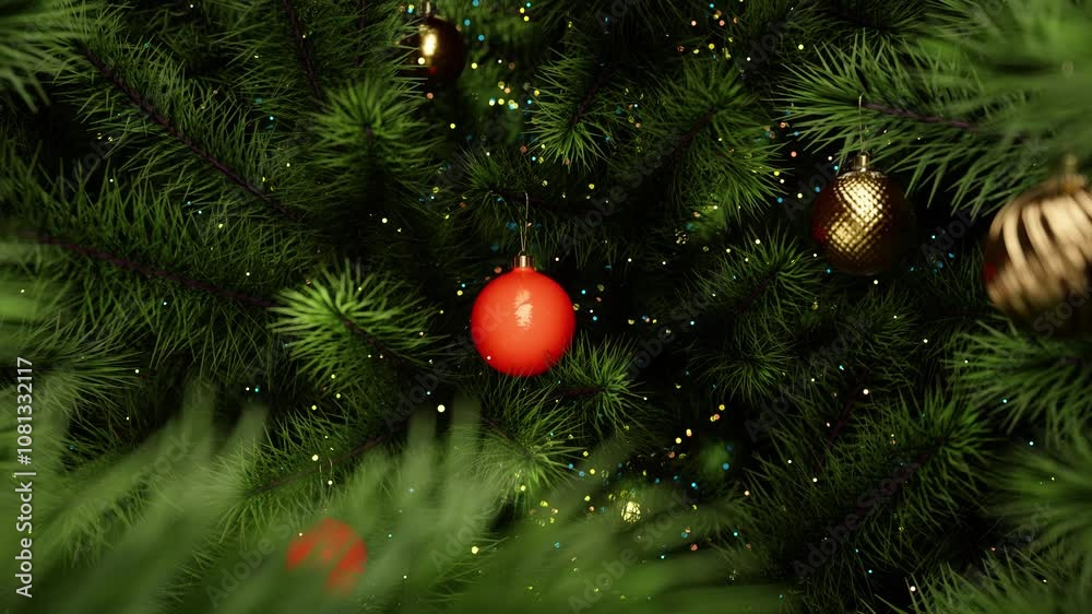 Camera movement on Christmas decoration on branch of Christmas tree on background of shining lights of golden ornaments. New Year background