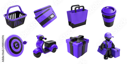 Shopping 3d style purple icon set. Basket, gift, credit card, coffee cup, scooter, target, delivery man 3d icon.	
