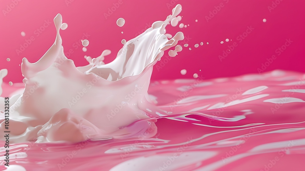 A dynamic splash of white liquid against a pink background, creating a visually striking effect. A dynamic splash of white liquid against a pink background, creating a visually striking effect.