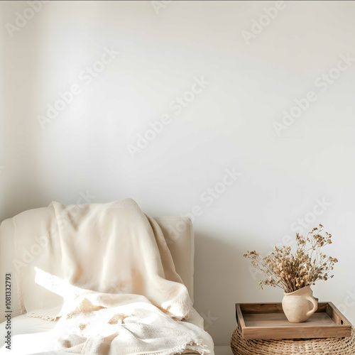 Minimalist white wall with an empty space on the right for mockup in living room interior The focus is placed on a soft beige blanket and armchair creating a cozy atmosp photo