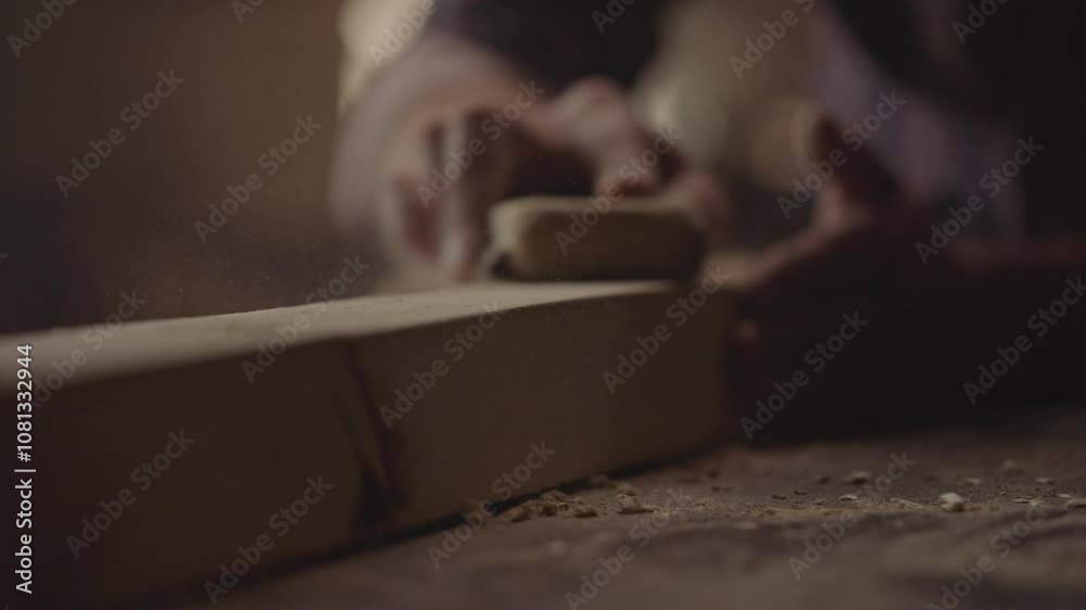 Close-up of a worker man using sandpaper to rub timber wood at workshop table in carpenter wood factory. Slow-motion footage Close-up of a worker man using sandpaper to rub timber wood at workshop table in carpenter wood factory. Slow-motion footage