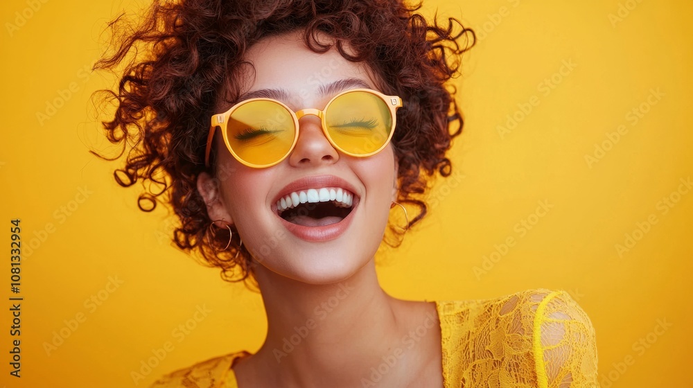 Cheerful woman in yellow outfit and sunglasses Cheerful woman in yellow outfit and sunglasses