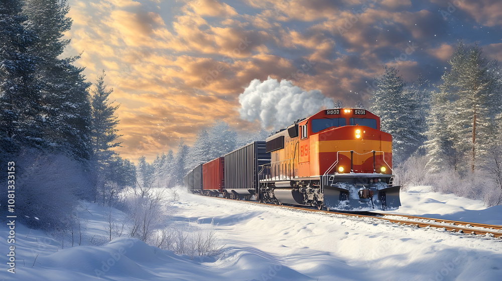 Freight train crossing snowy landscape, winter transport. high quality Freight train crossing snowy landscape, winter transport. high quality