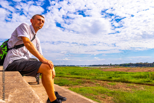 Tourist at nature panorama landscape at Mekong river Vientiane Laos. photo