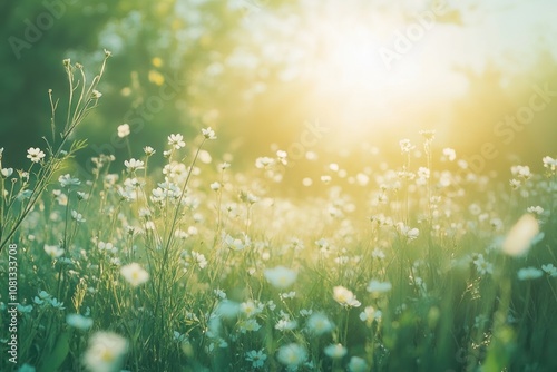 A field of white wildflowers illuminated by the warm glow of the setting sun.