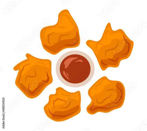 Nuggets around Ketchup in gravy boat. Fried Chicken Pieces with tomato or barbecue Sauce. Fast Food, fried harmful Dish. Snack. Isolated on white background. Top view. Flat color vector illustration