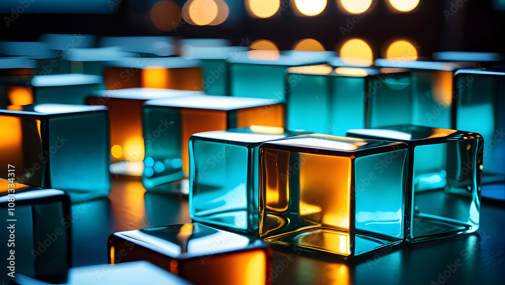 Abstract glass blocks, vibrant color below, light catching edges beautifully. Abstract glass blocks, vibrant color below, light catching edges beautifully.
