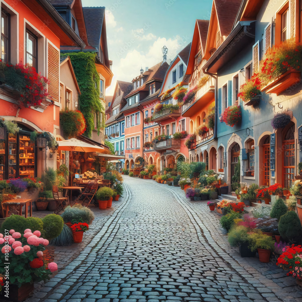 Naklejka premium Cobblestone street lined with colorful houses and lush greenery, bathed in warm sunlight
