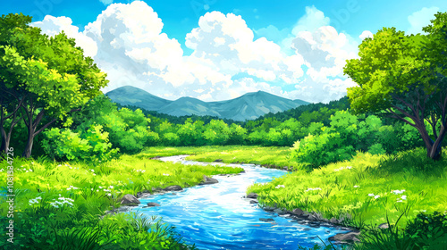 A winding river flows through a lush green valley, surrounded by trees and mountains under a bright blue sky with fluffy clouds.