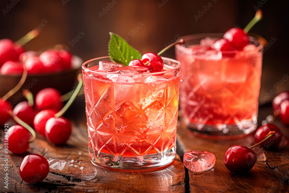 Two glasses of cherry juice coctail with cherry on top Two glasses of cherry juice coctail with cherry on top