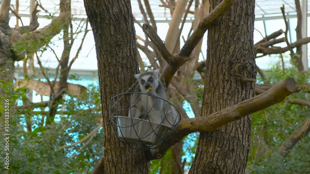 Lemur eats cute from the feeder in the zoo Lemur eats cute from the feeder in the zoo