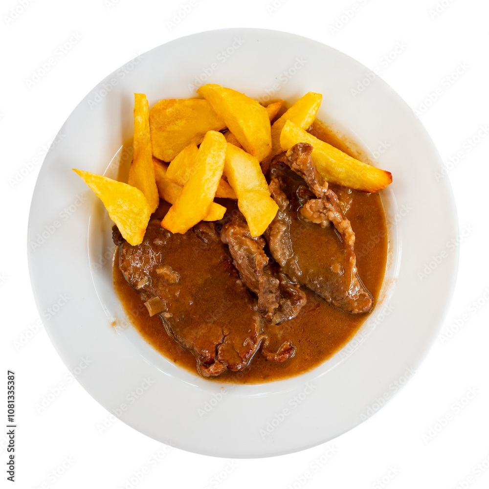 There is hot lunch on tablecloth of table. Juicy veal beef tenderloin stew in wine sauce gravy and garnished with fried potato slices. Dish decorated with chopped edible green. Isolated over white There is hot lunch on tablecloth of table. Juicy veal beef tenderloin stew in wine sauce gravy and garnished with fried potato slices. Dish decorated with chopped edible green. Isolated over white