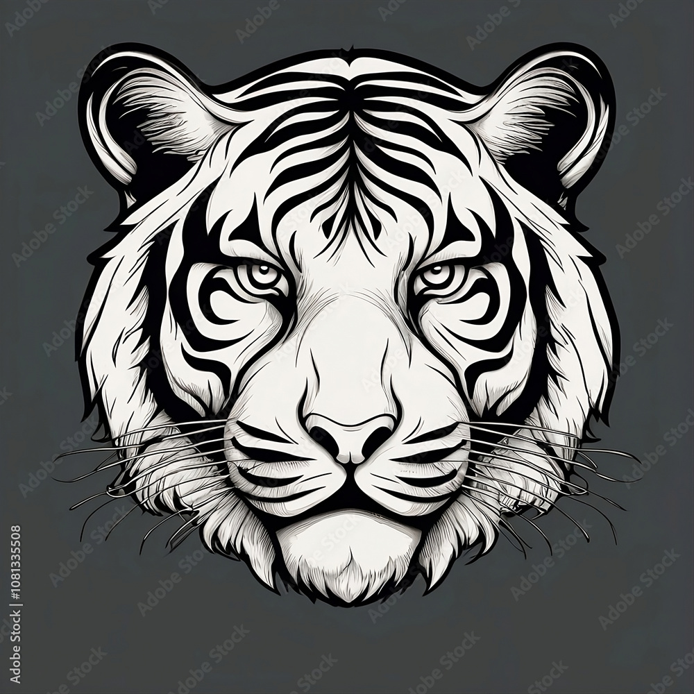 Obraz premium Tiger head icon, front angle, black and white, sillhoute, simple line art, design, drawing, illustration, with details of shadow and highlight.