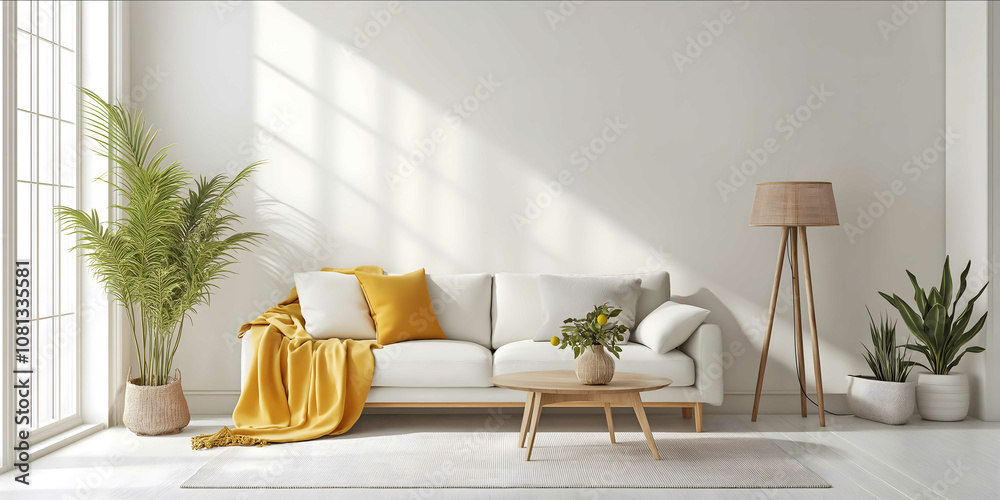© gogu - A simple living room with white walls a sofa and coffee table a carpet on the floor green plants in vases a lamp stand a yellow blanket and lightcolored decorative eleme