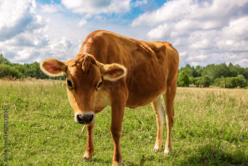 Portrait of brown cow with cute eyes against green meadow and blue sky with clouds, close-up, looking at camera. High quality photo