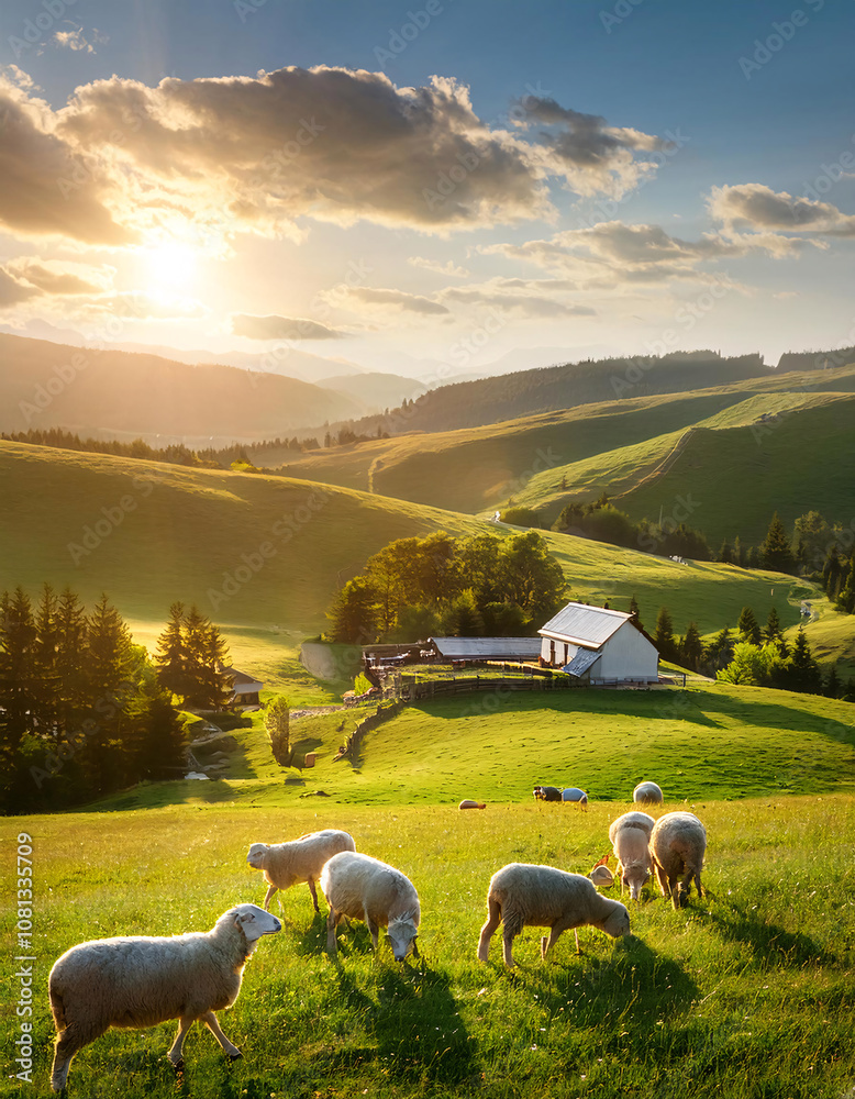 Fototapeta premium A picturesque rural landscape with a farmhouse, rolling hills, and a flock of sheep grazing in a green field under a bright sun