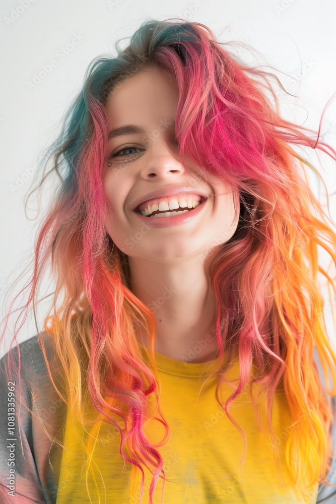 A young woman with colorful, wavy hair showcases a cheerful expression, standing against a light background. Her smile conveys warmth and positivity, adding to the vibrant atmosphere A young woman with colorful, wavy hair showcases a cheerful expression, standing against a light background. Her smile conveys warmth and positivity, adding to the vibrant atmosphere
