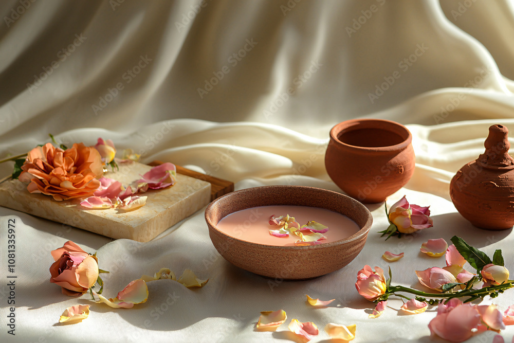 festive table setting with rose milk and traditional clay lamps, silk fabric background festive table setting with rose milk and traditional clay lamps, silk fabric background