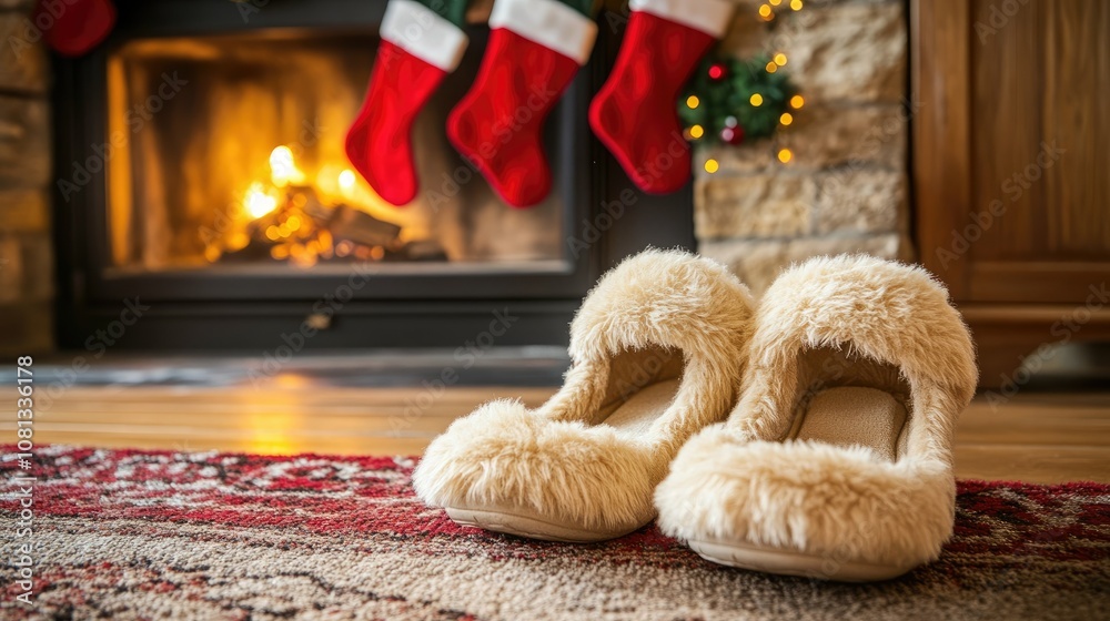 Cozy Holiday Scene with Slippers by Fireplace Cozy Holiday Scene with Slippers by Fireplace