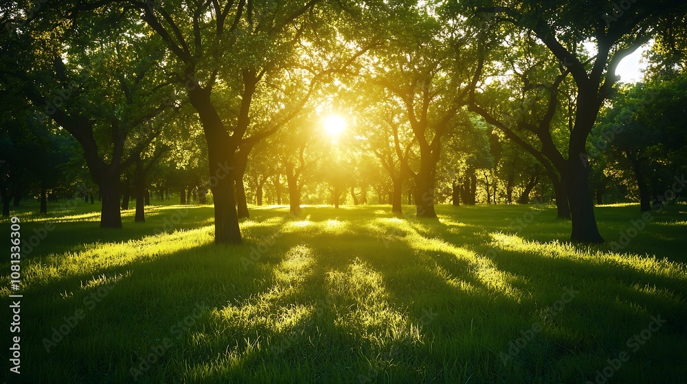 Naklejka premium Vibrant green tree with sunlight shining through its leaves beautifully.
