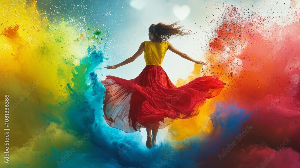 Fototapeta premium Woman in red dress jumping amidst colorful powder