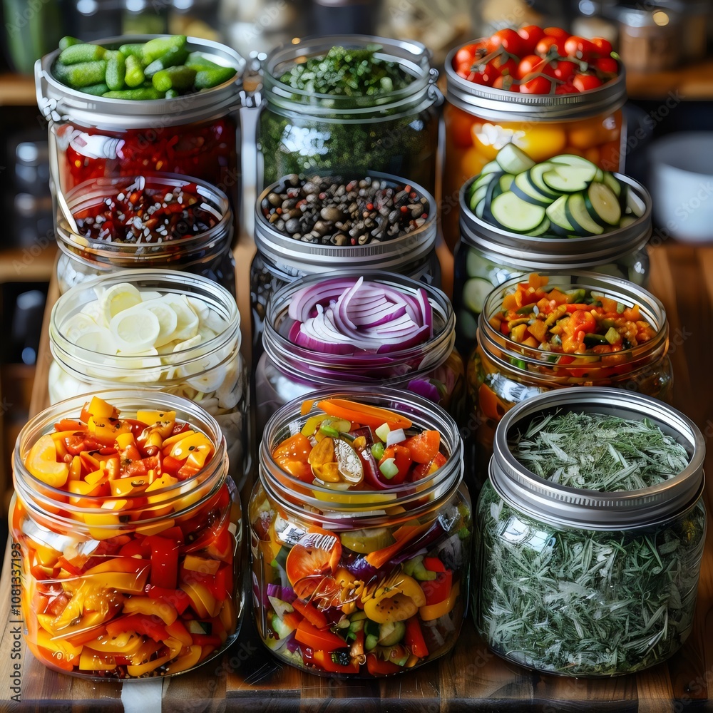 A collection of jars filled with various vegetables and spices A collection of jars filled with various vegetables and spices