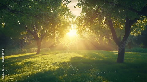 Beautiful sunlight breaking through green tree leaves, casting golden rays.