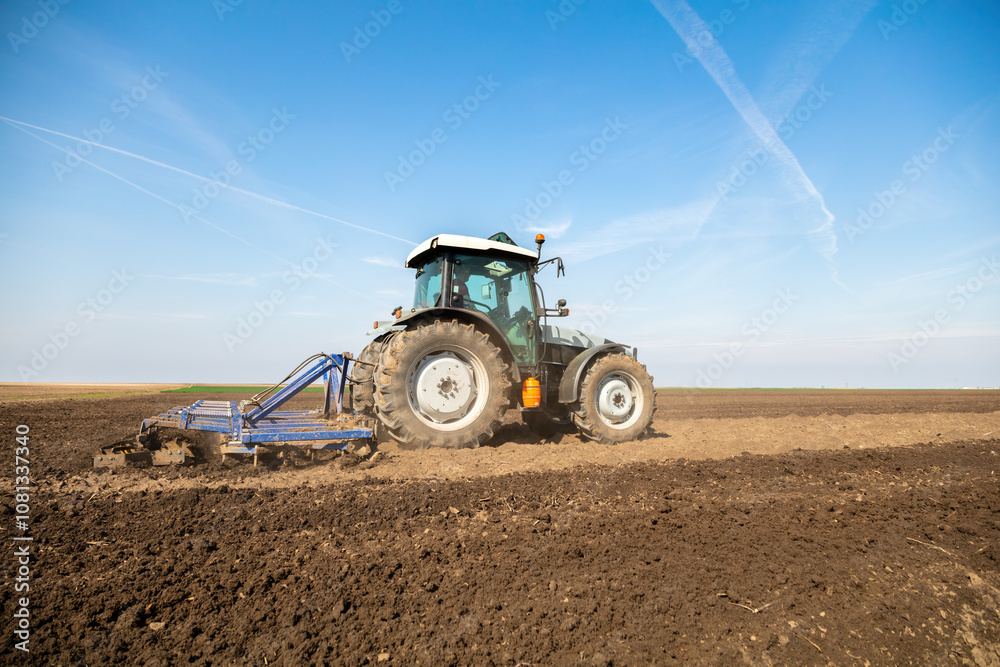 Powerful tractor cultivating fertile soil under clear skies, ready for sowing Powerful tractor cultivating fertile soil under clear skies, ready for sowing