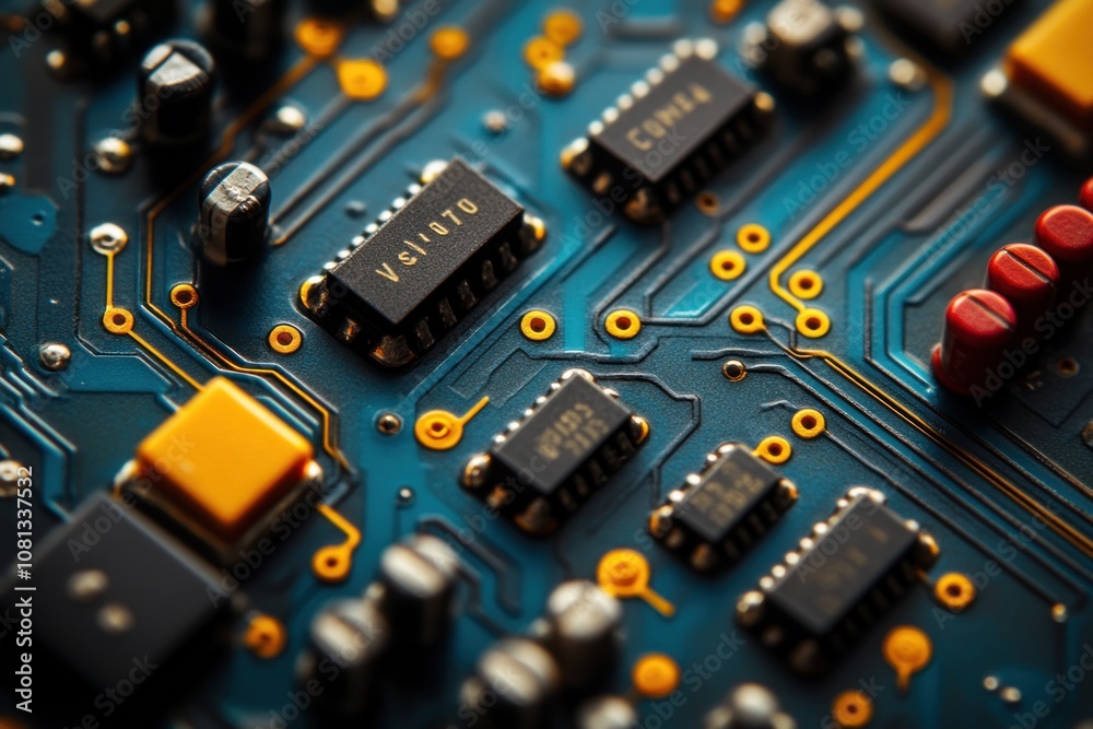 Close-up of a blue circuit board with microchips and electronic components. Close-up of a blue circuit board with microchips and electronic components.