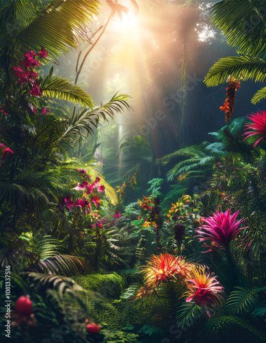 A lush and vibrant tropical rainforest bathed in warm sunlight