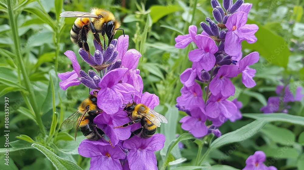 Bees Pollinating Purple Flowers in Nature Bees Pollinating Purple Flowers in Nature