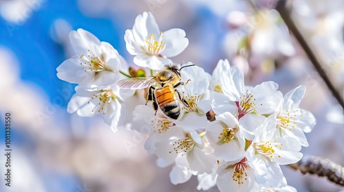 Busy Bee Pollinating Cherry Blossom Flowers