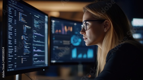 A woman in a dark office looks intently at computer screens displaying code and data.