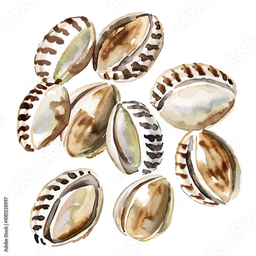 A watercolor vector of a set of cowrie shells, isolated on a white background. Cowrie shells vector.