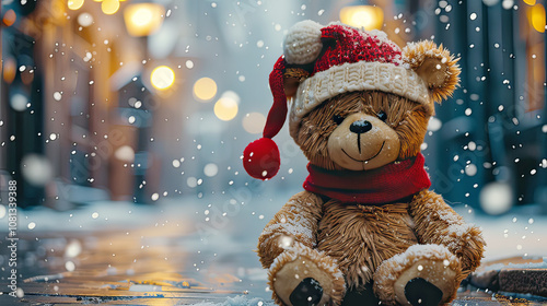 Teddy bear sitting on snowy street, Cityscape it's snowing